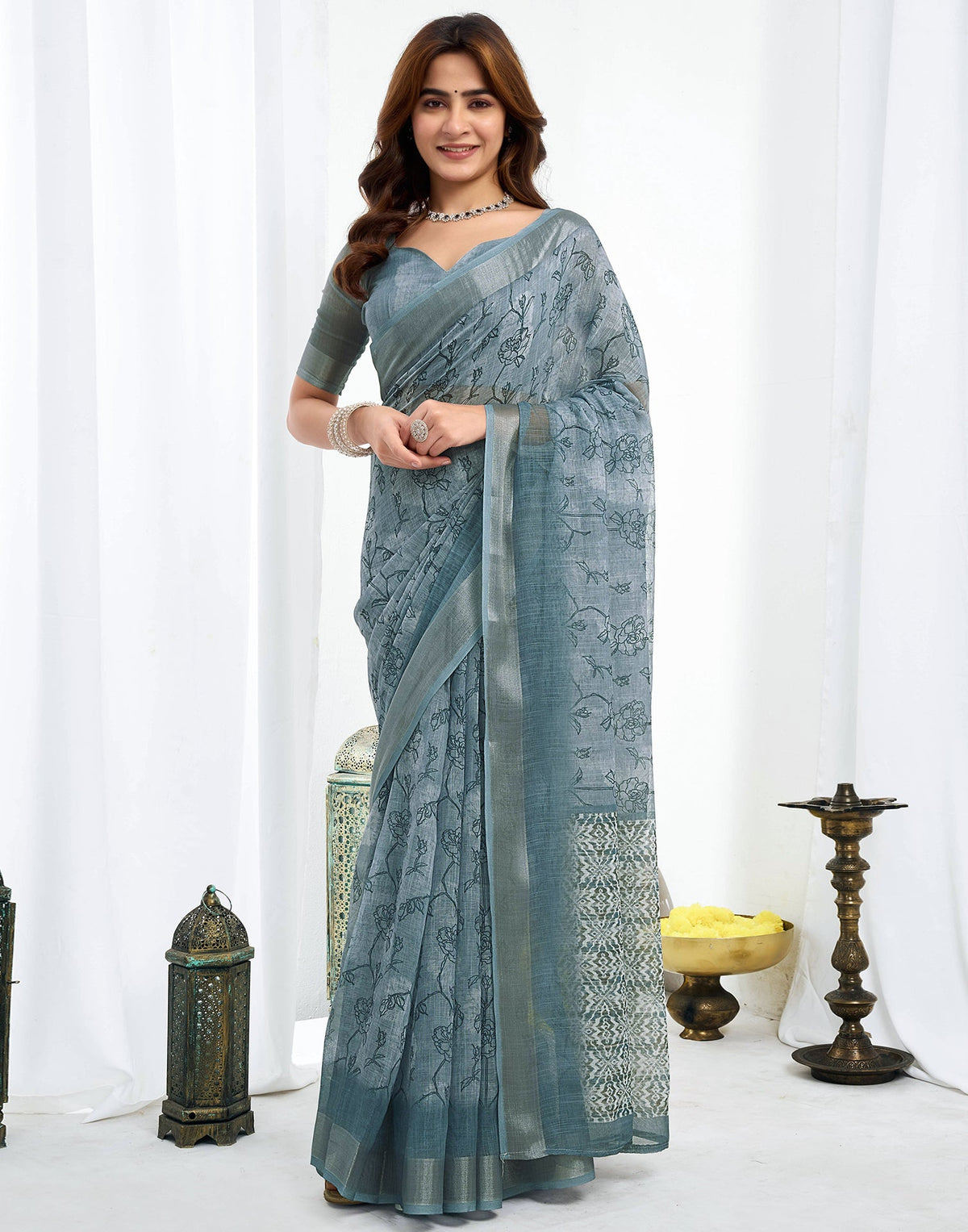 Ready To Wear Grey Linen Printed Saree
