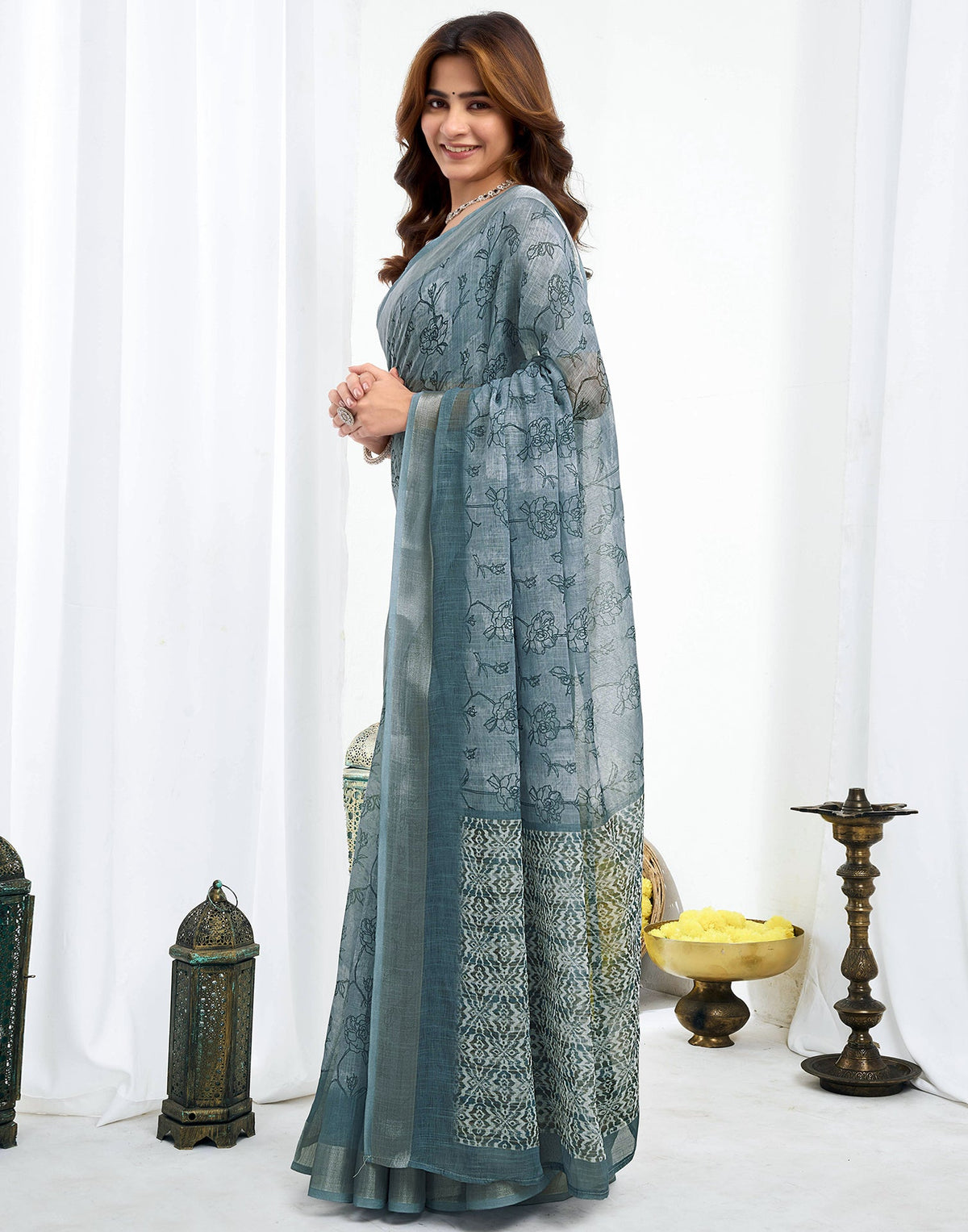 Ready To Wear Grey Linen Printed Saree