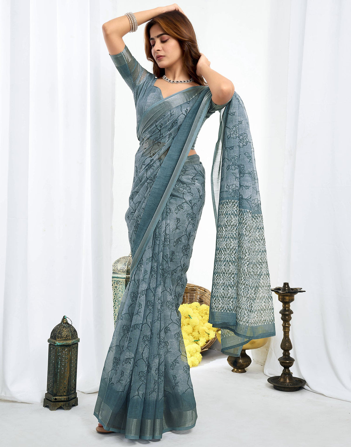 Ready To Wear Grey Linen Printed Saree