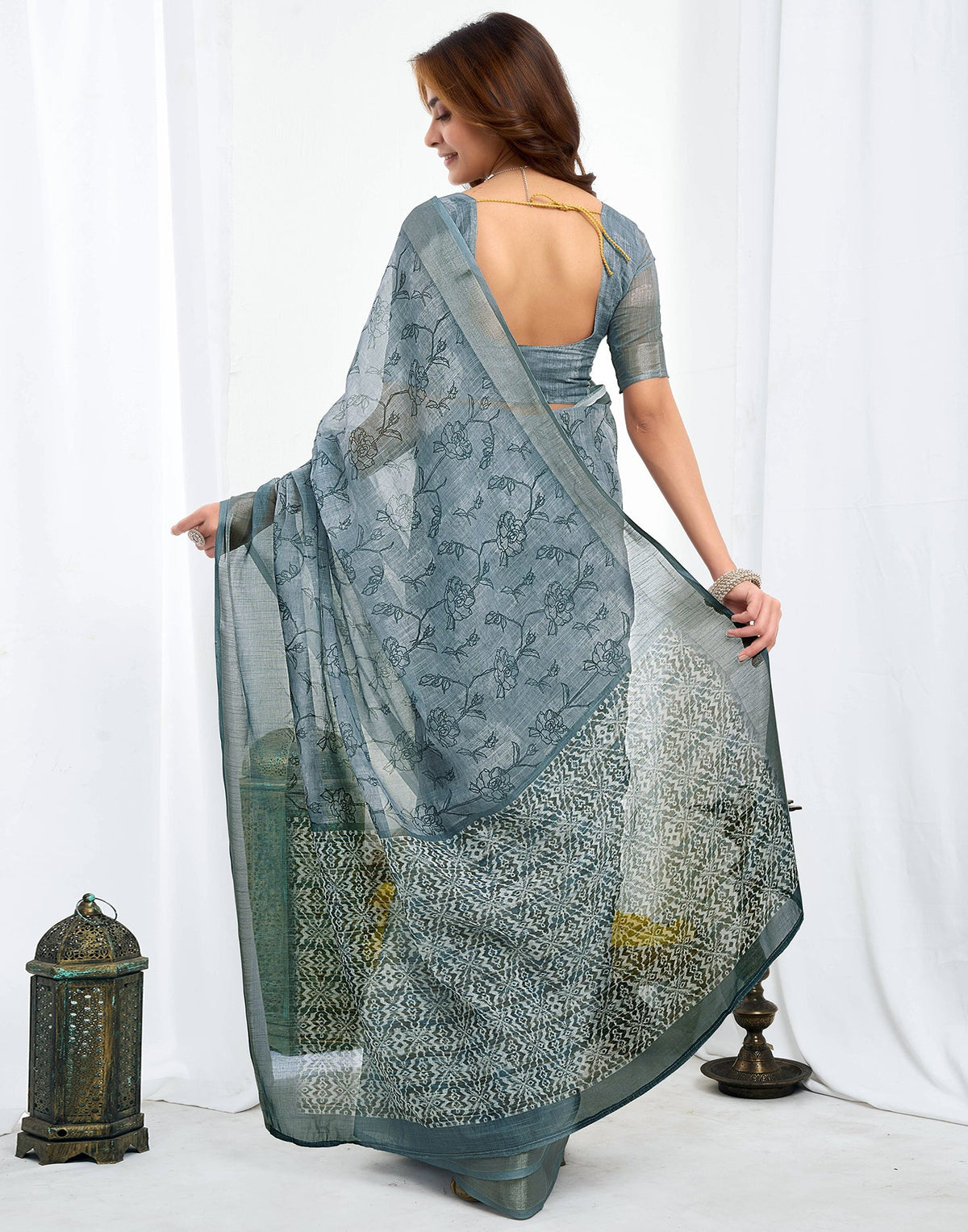 Ready To Wear Grey Linen Printed Saree