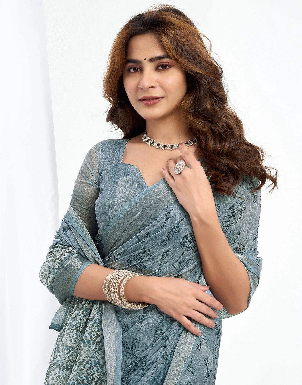 Ready To Wear Grey Linen Printed Saree