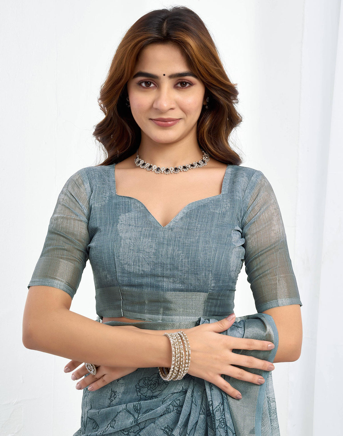 Ready To Wear Grey Linen Printed Saree