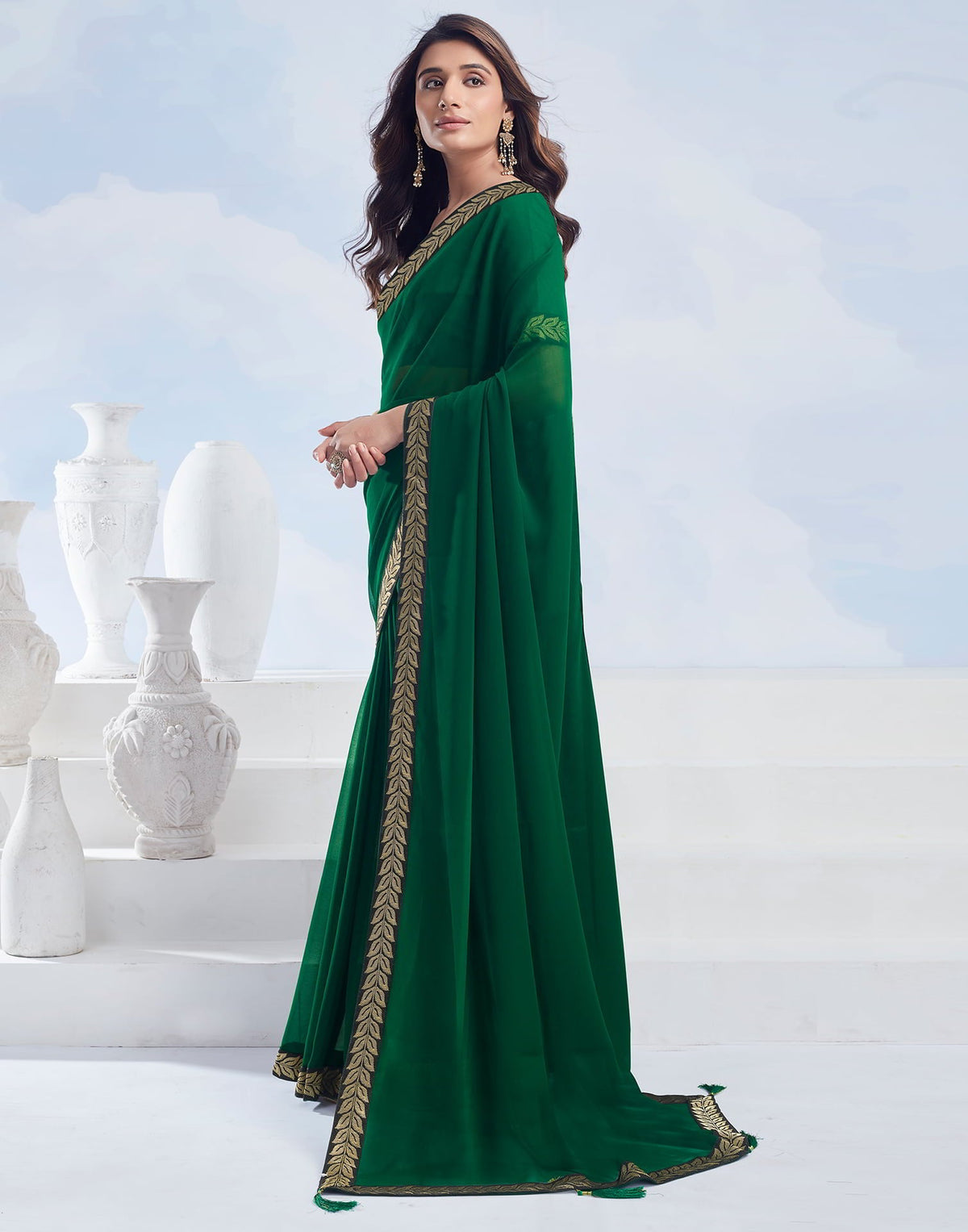 Dark Green Georgette Plain Saree