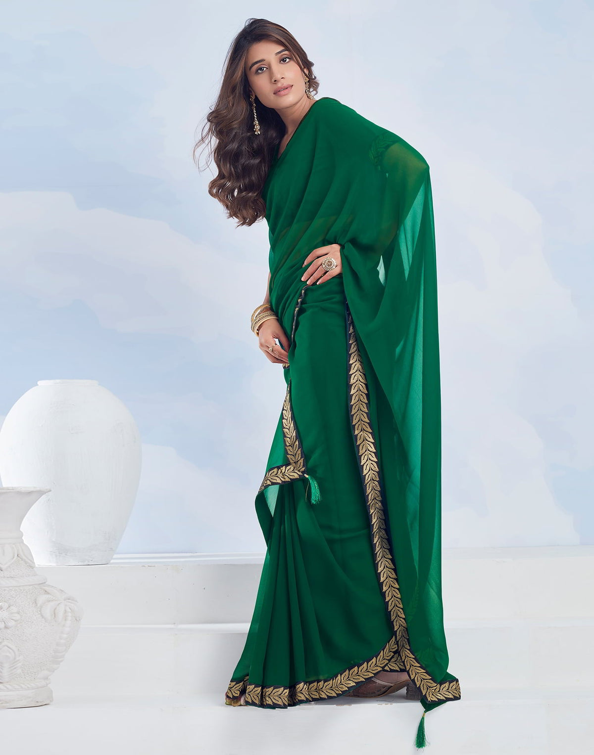 Dark Green Georgette Plain Saree