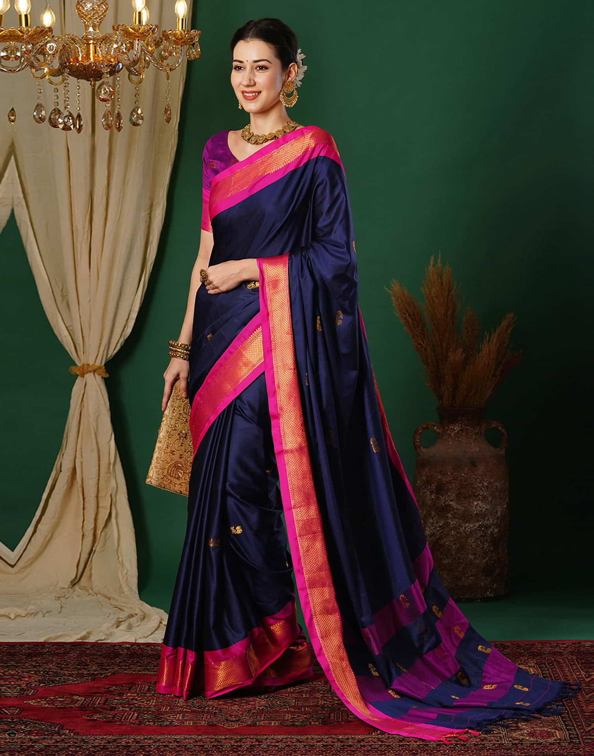 Navy Blue Silk Woven Kanjivaram Saree