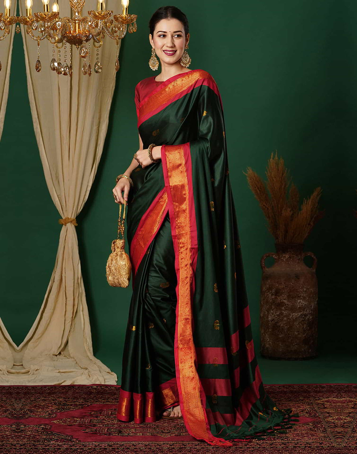 Dark Green Silk Woven Kanjivaram Saree