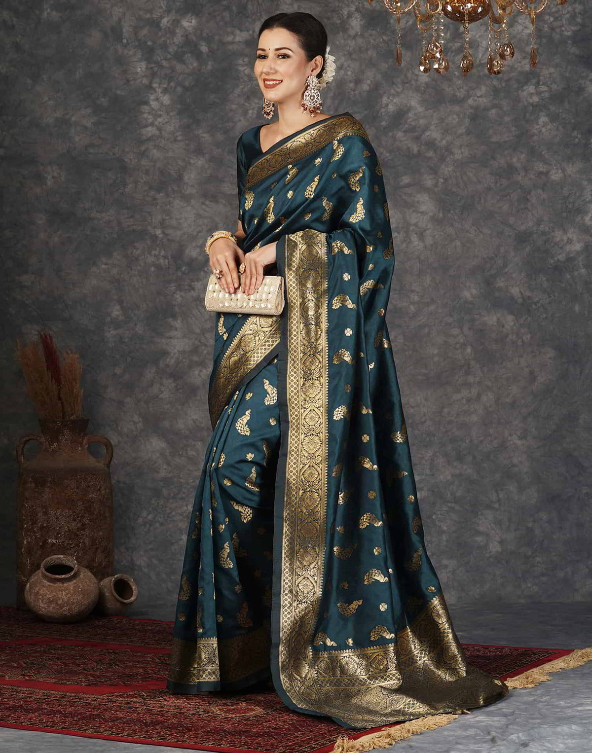 Dark Rama Blue Silk Woven Banarasi Saree