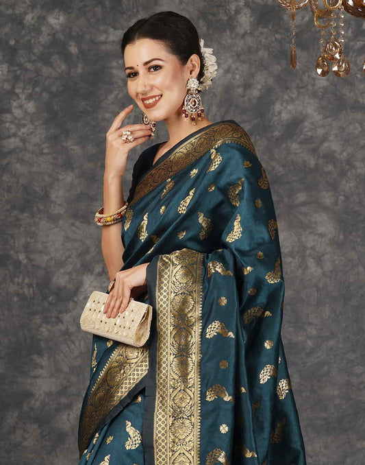 Dark Rama Blue Silk Woven Banarasi Saree