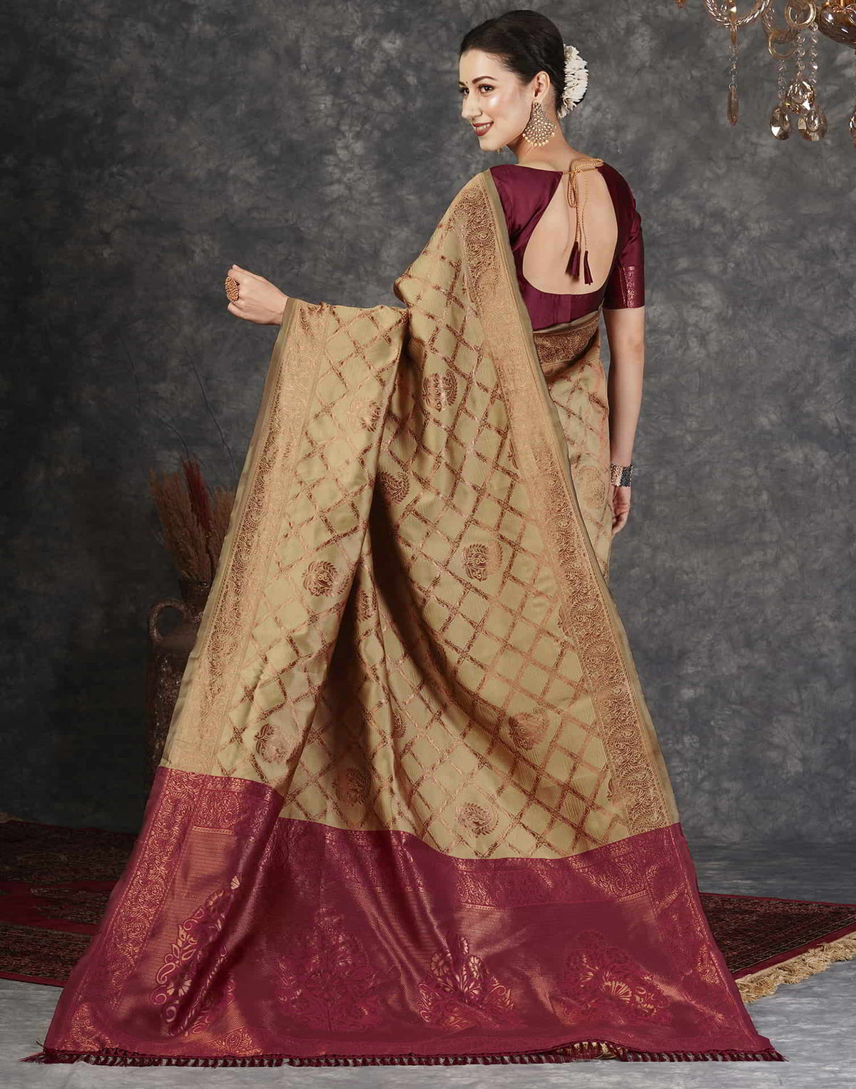 Khaki Silk Woven Banarasi Saree