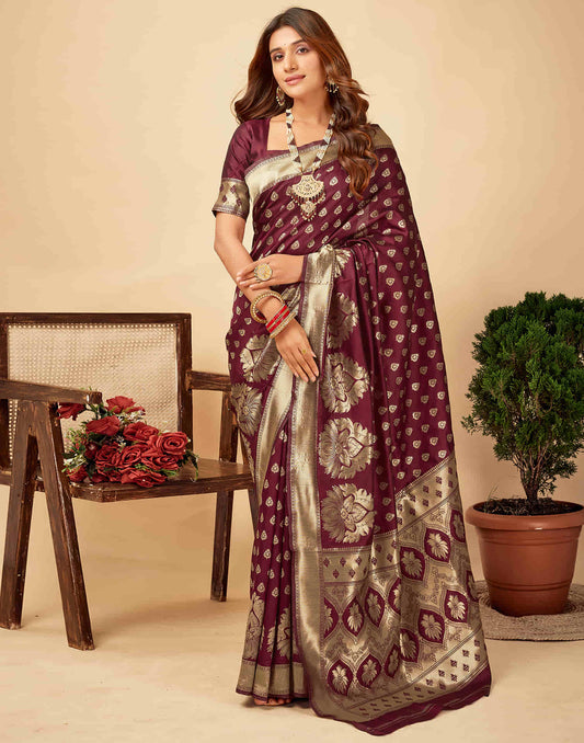 Dark Maroon Silk Woven Banarasi Saree
