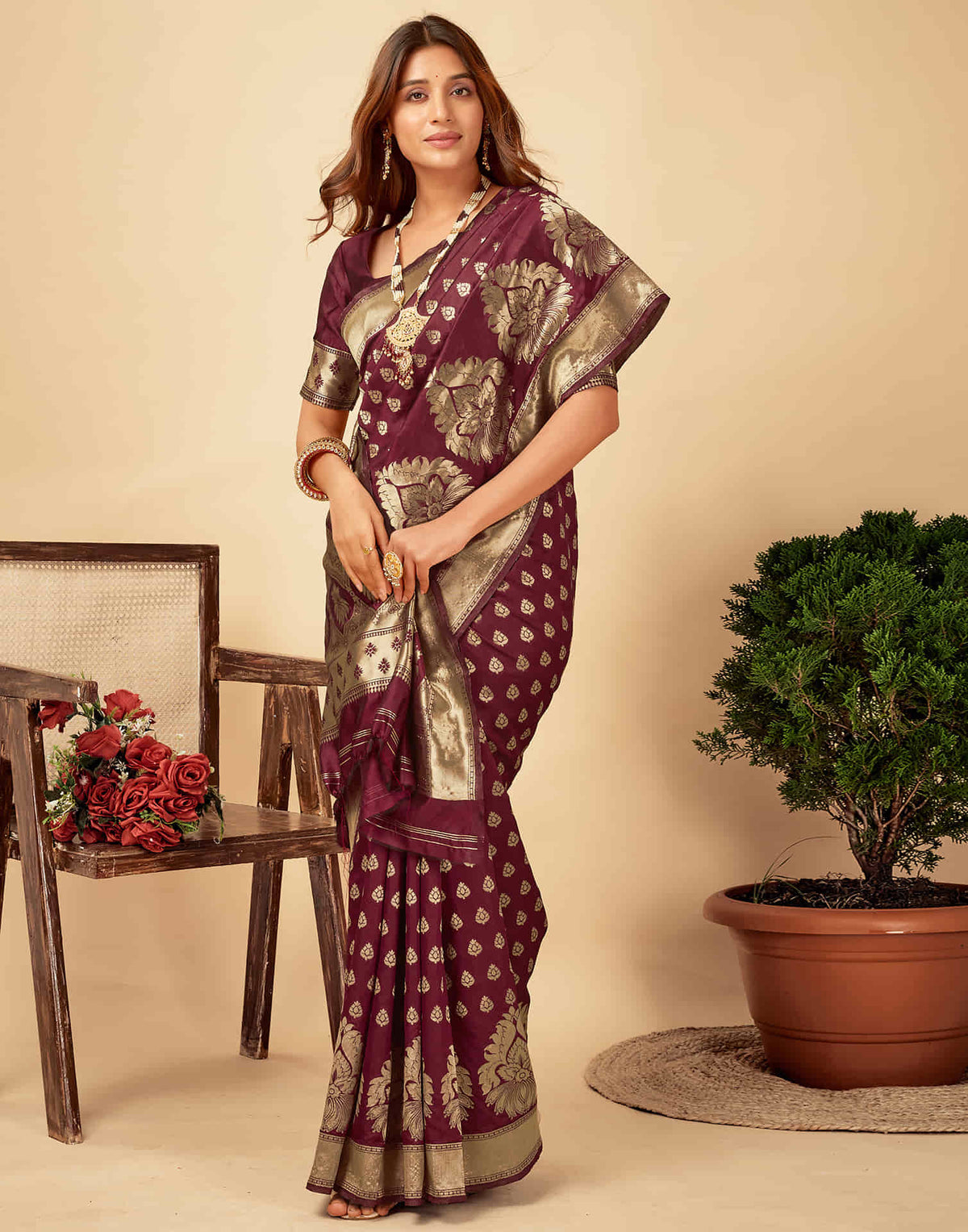 Dark Maroon Silk Woven Banarasi Saree