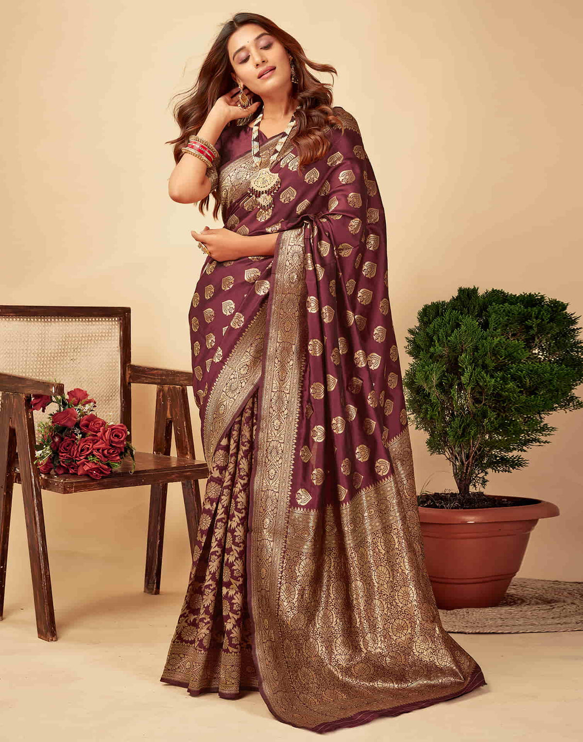 Dark Maroon Silk Woven Banarasi Saree