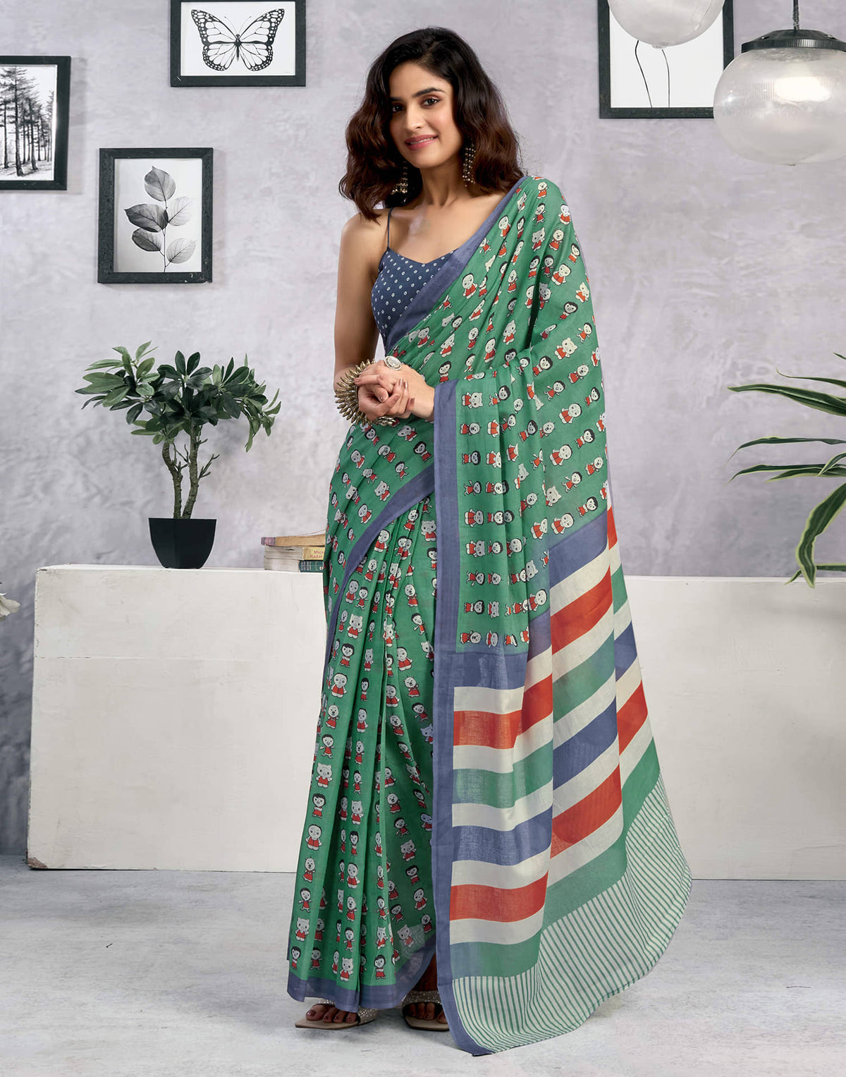Ready To Wear Dusty Teal Green Cotton Printed Saree