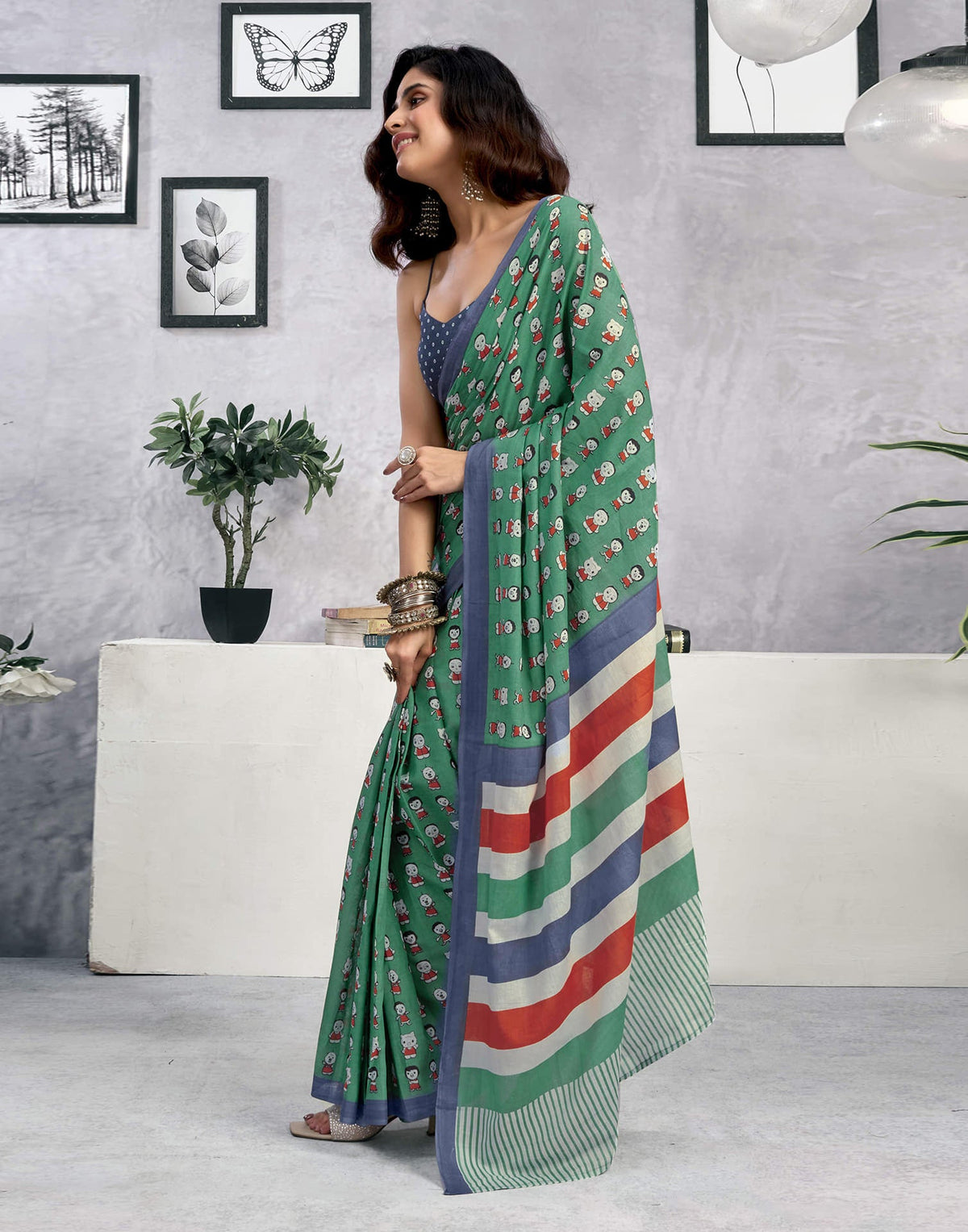 Ready To Wear Dusty Teal Green Cotton Printed Saree