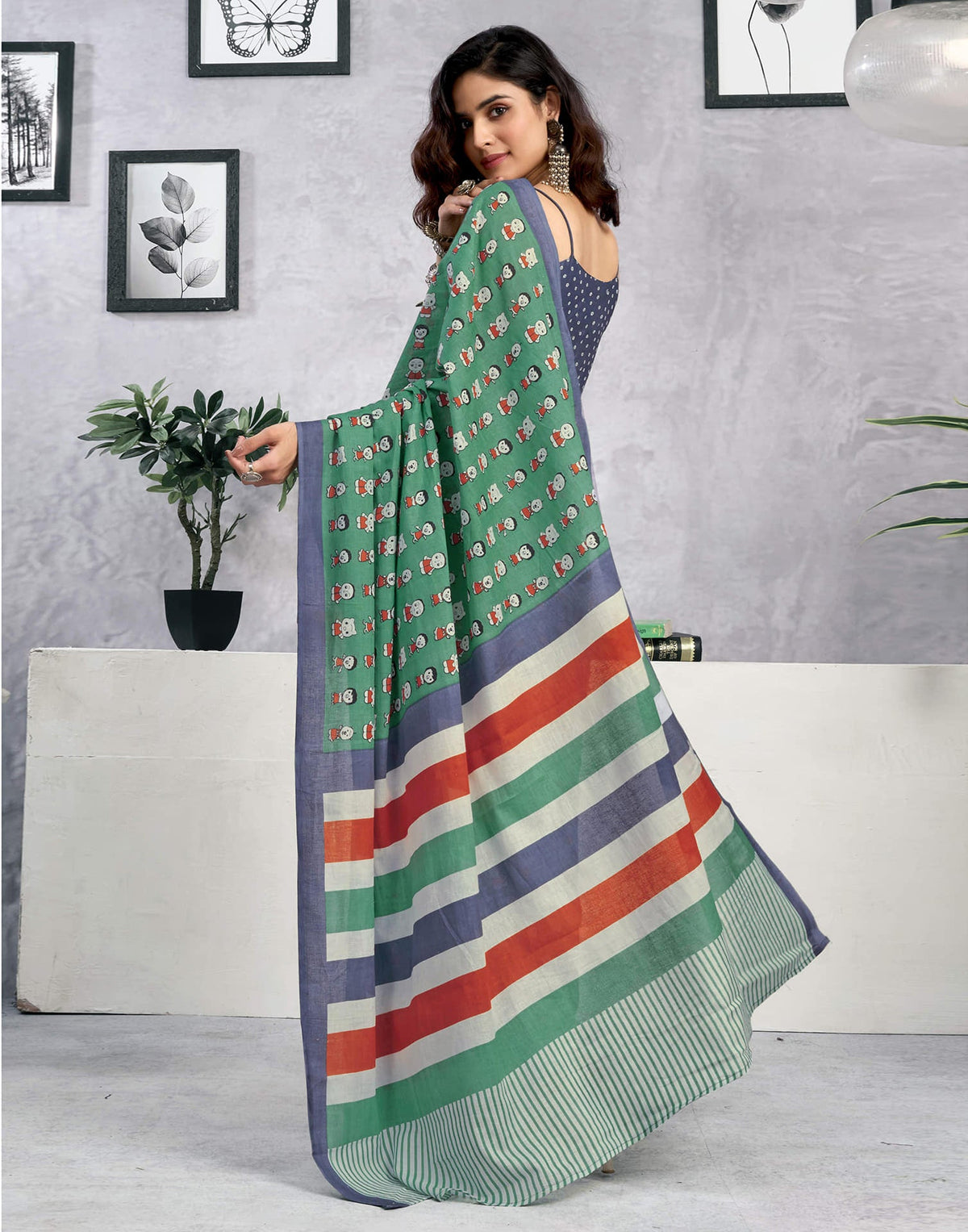 Ready To Wear Dusty Teal Green Cotton Printed Saree
