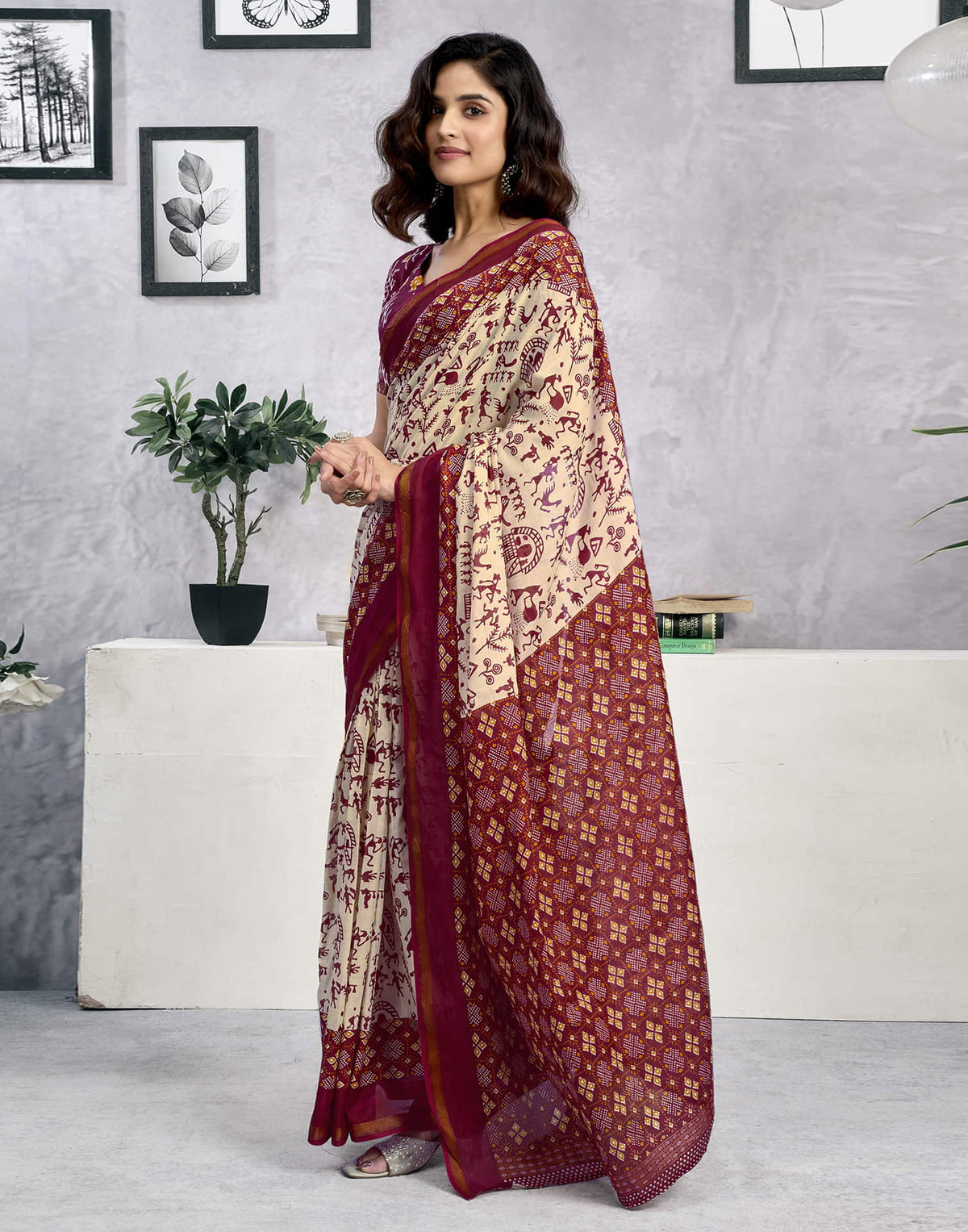 Ready To Wear Light Beige Cotton Warli Printed Saree
