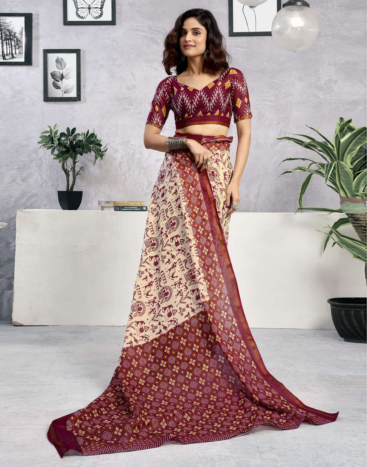 Ready To Wear Light Beige Cotton Warli Printed Saree