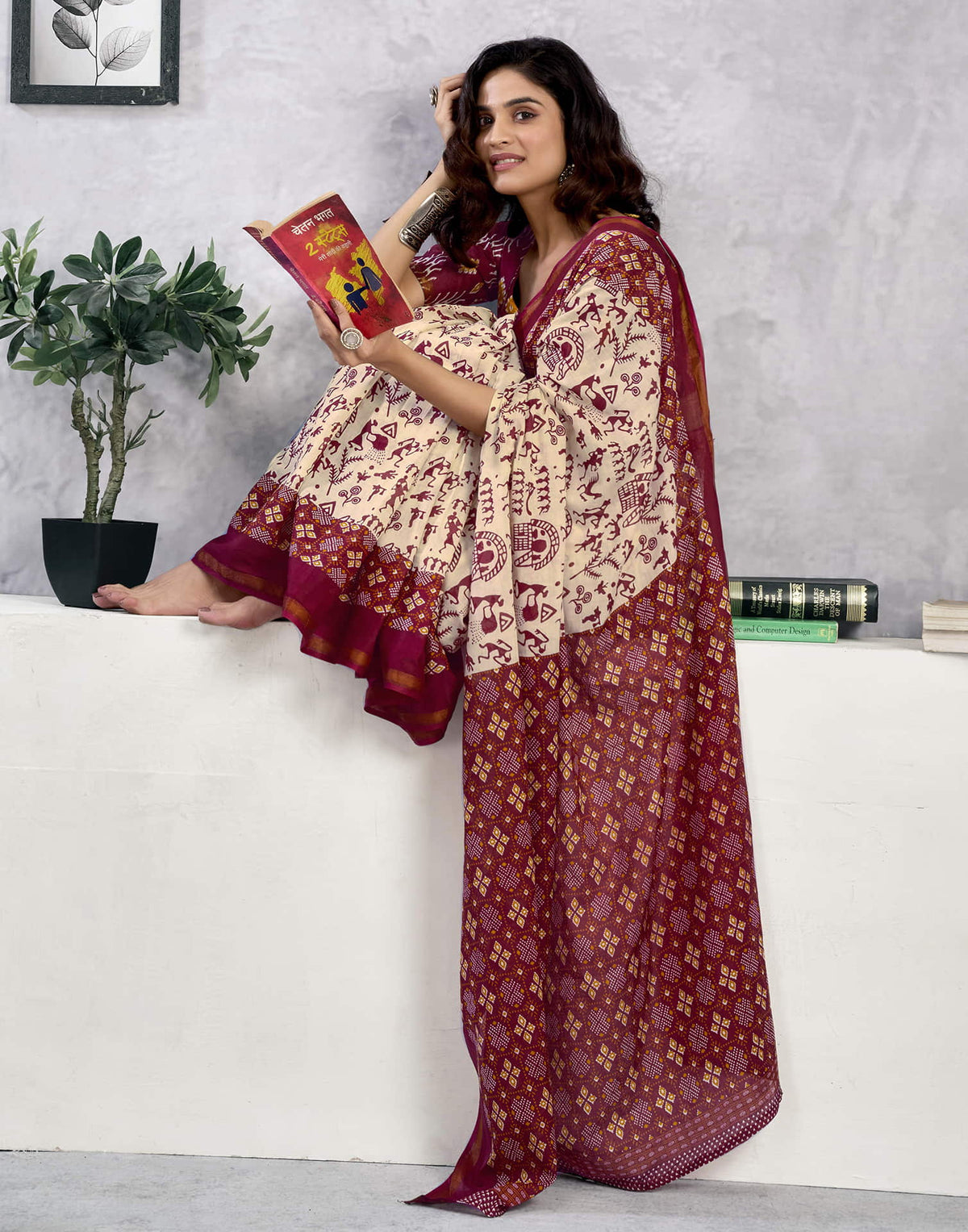 Ready To Wear Light Beige Cotton Warli Printed Saree