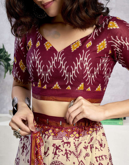 Ready To Wear Light Beige Cotton Warli Printed Saree