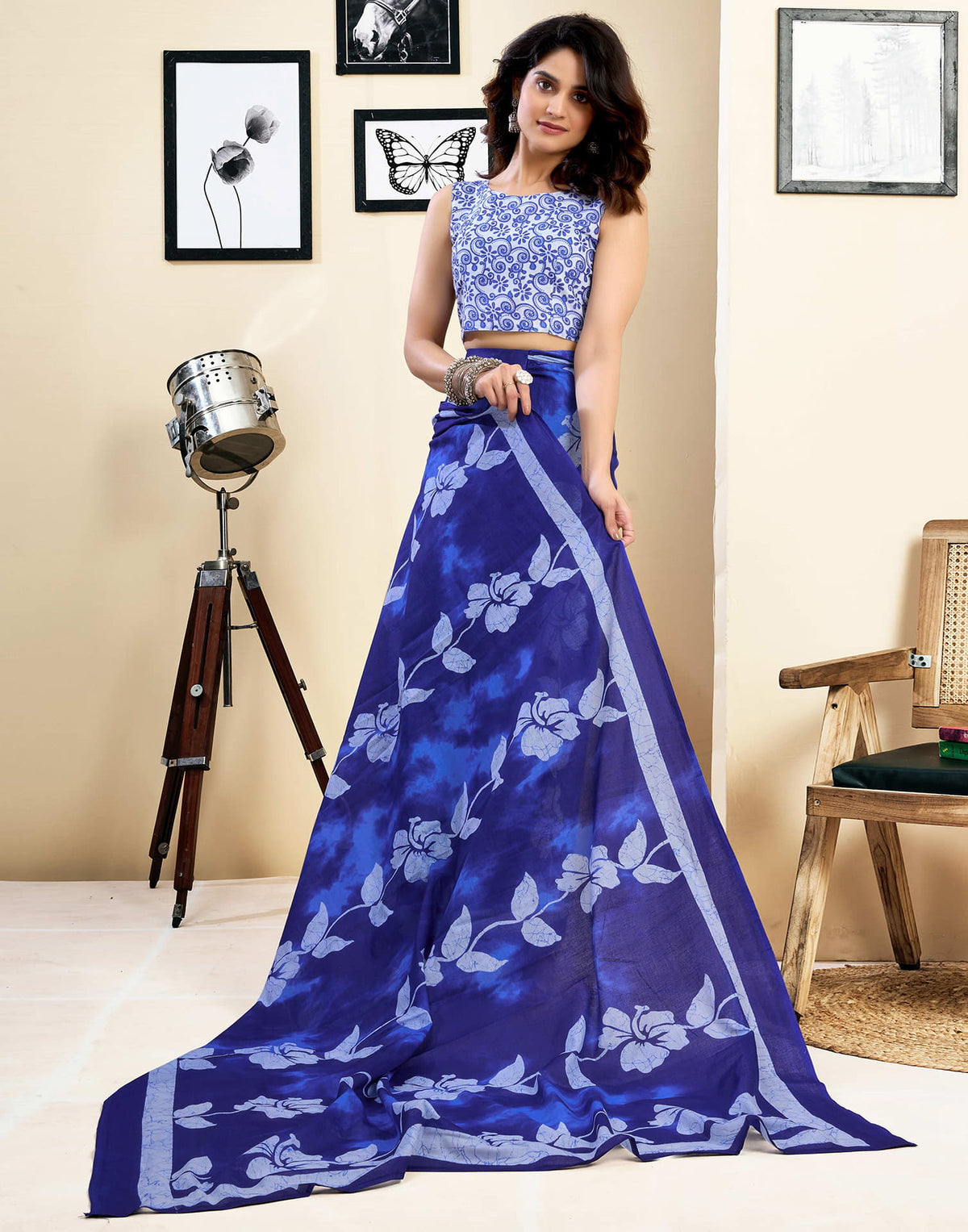 Ready To Wear Dark Blue Pure Cotton Floral Printed Saree With Pocket