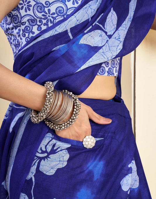 Ready To Wear Dark Blue Pure Cotton Floral Printed Saree With Pocket