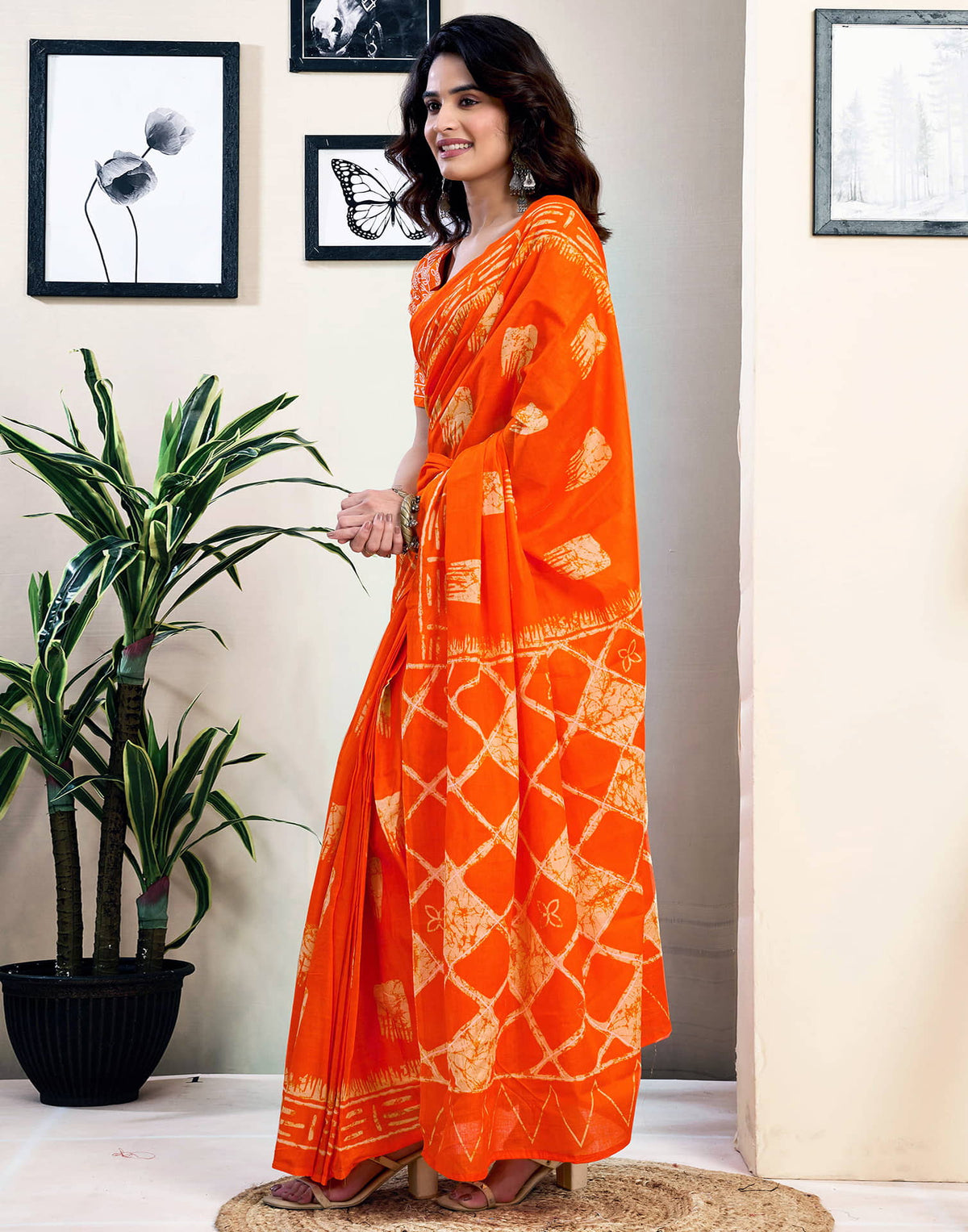 Ready To Wear Orange Pure Cotton Printed Saree With Pocket