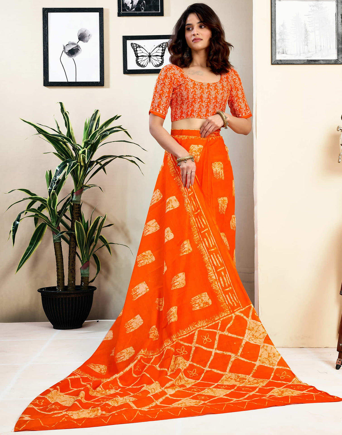 Ready To Wear Orange Pure Cotton Printed Saree With Pocket