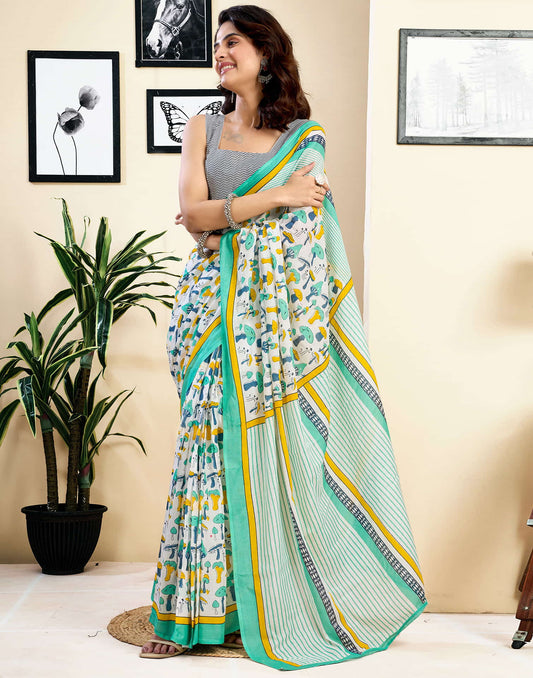 Ready To Wear White Pure Cotton Printed Saree With Pocket