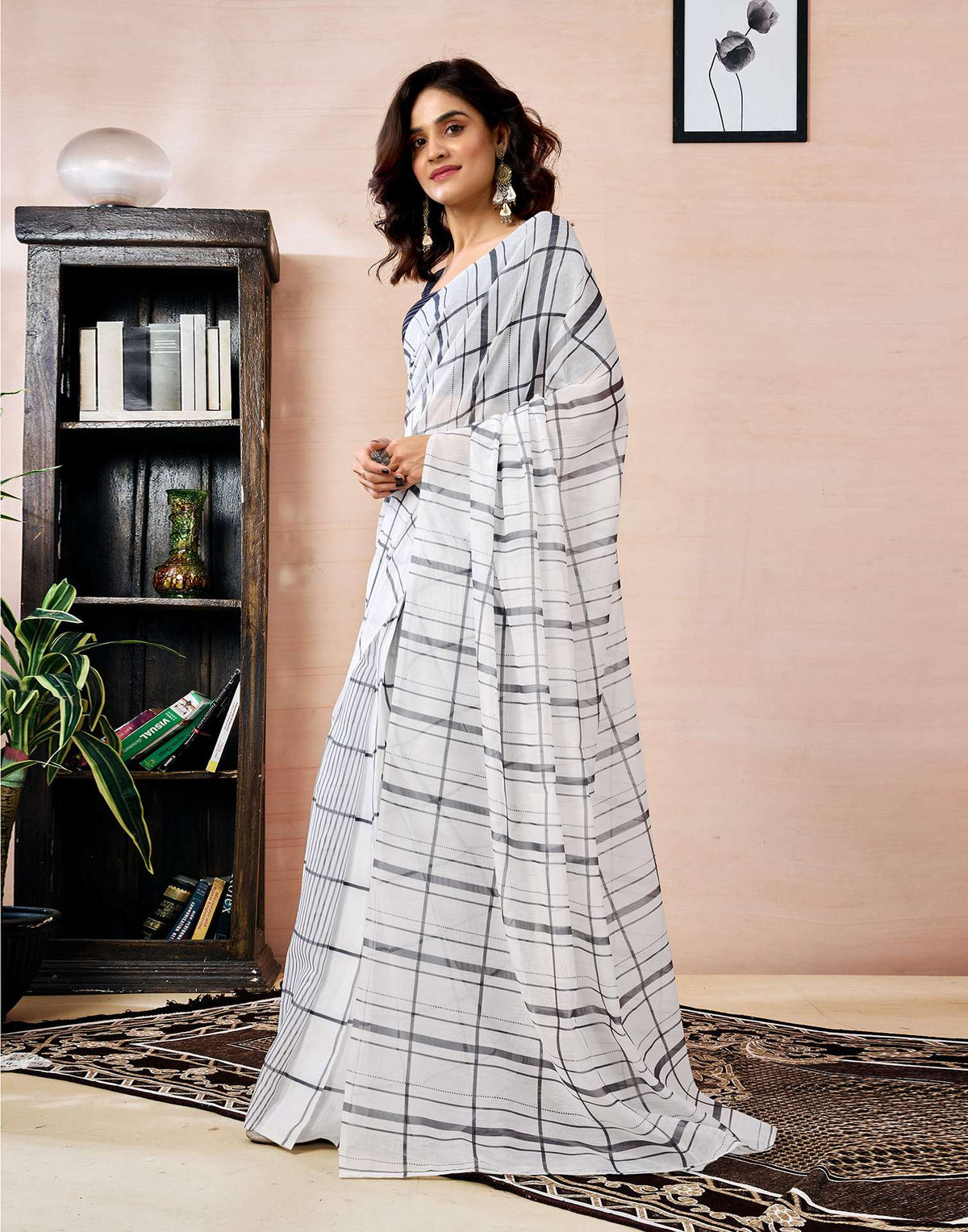 Ready to Wear White Chanderi Printed Saree