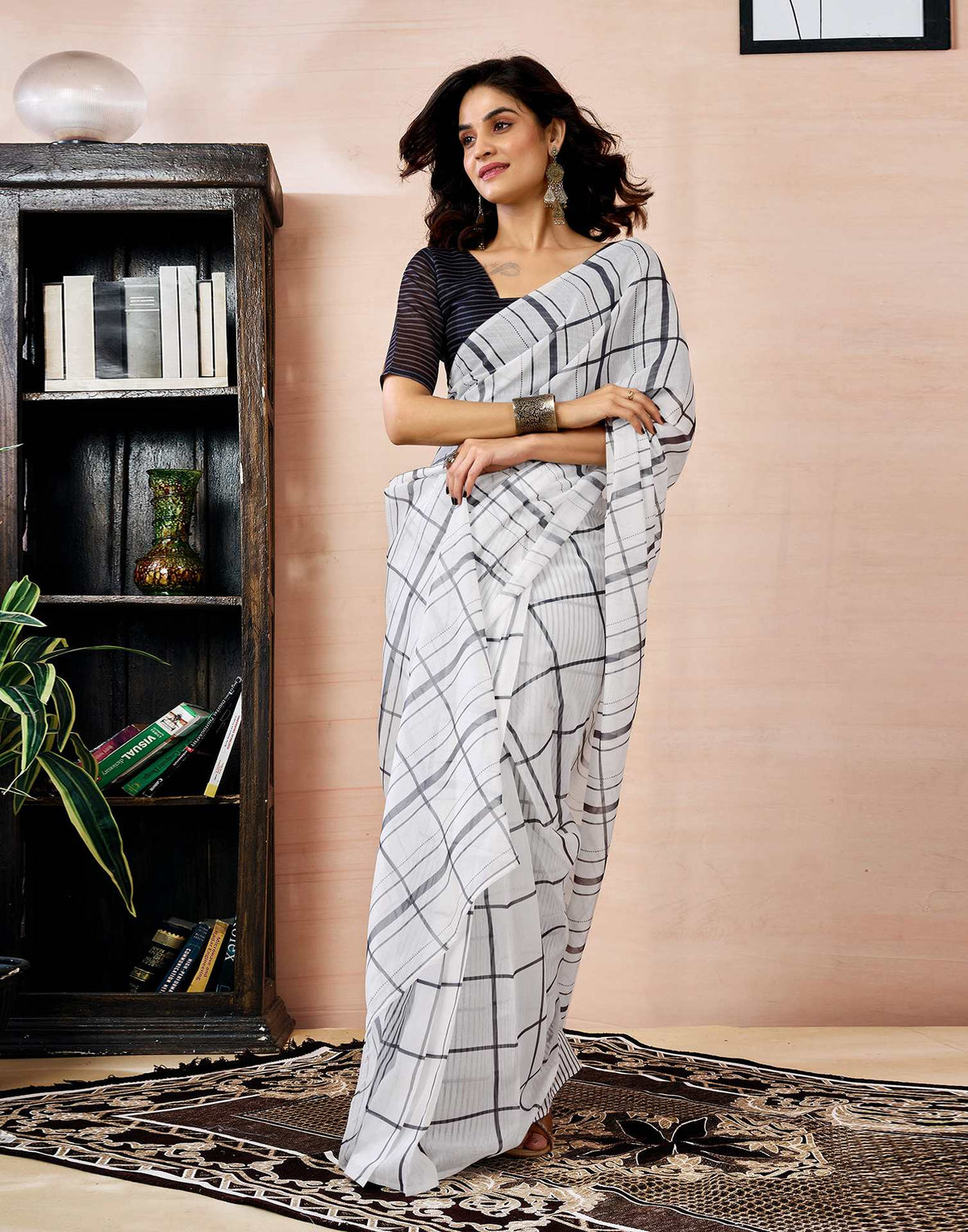 Ready to Wear White Chanderi Printed Saree