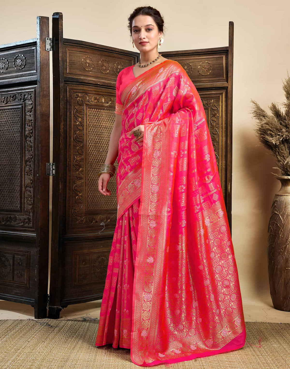 Bright Pink Silk Woven Banarasi Saree