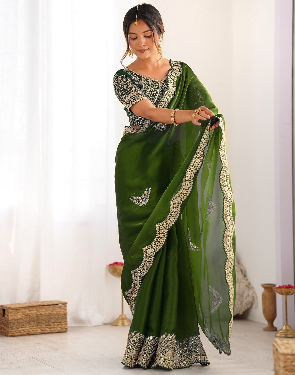 Mehandi Green Tissue Silk Sequence Embroidery Saree