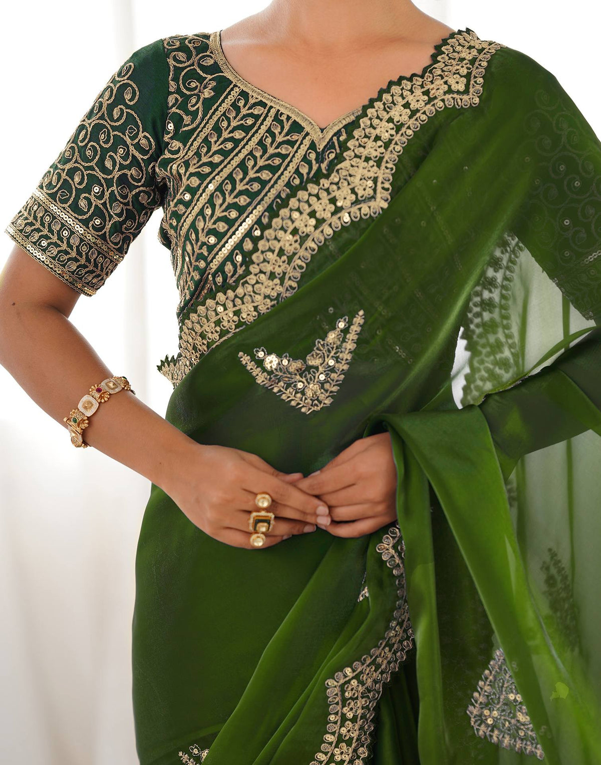 Mehandi Green Tissue Silk Sequence Embroidery Saree