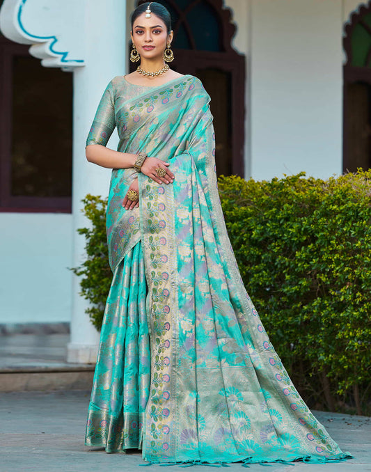 Turquoise Silk Woven Banarasi Saree