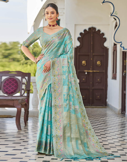 Turquoise Silk Woven Banarasi Saree