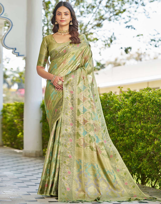 Pista Green Silk Woven Banarasi Saree