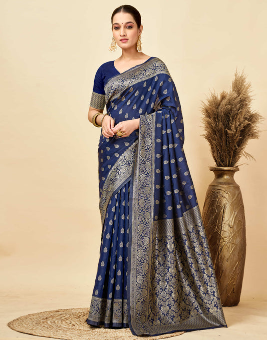 Navy Blue Silk Woven Banarasi Saree