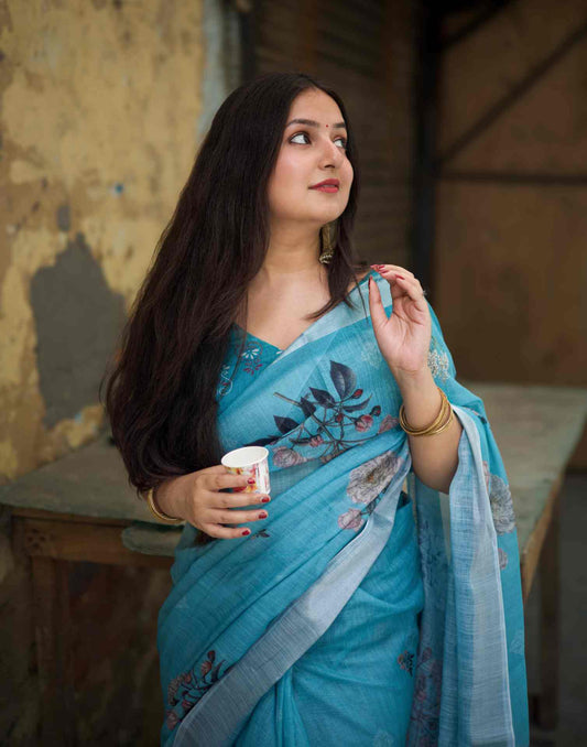 Blue Linen Printed Saree