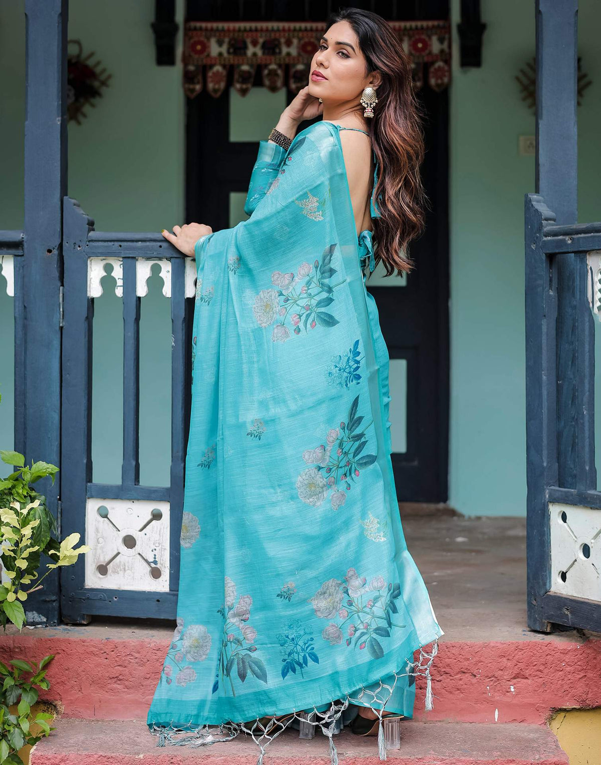 Blue Linen Printed Saree