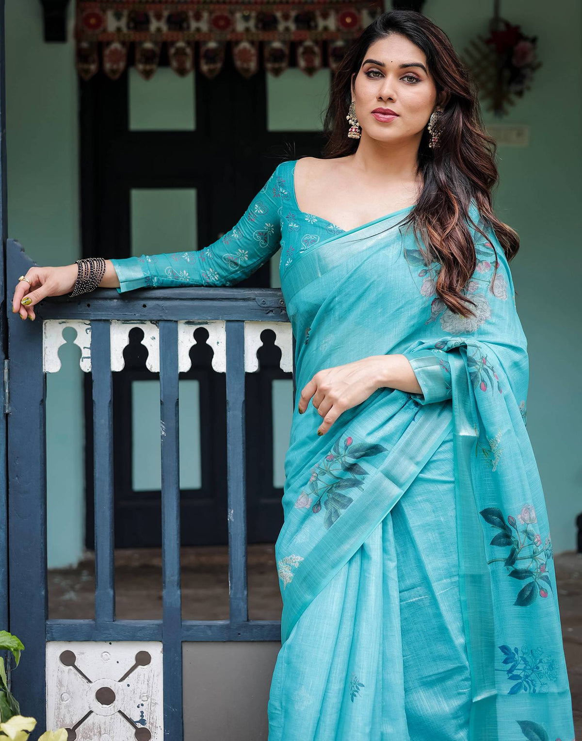 Blue Linen Printed Saree