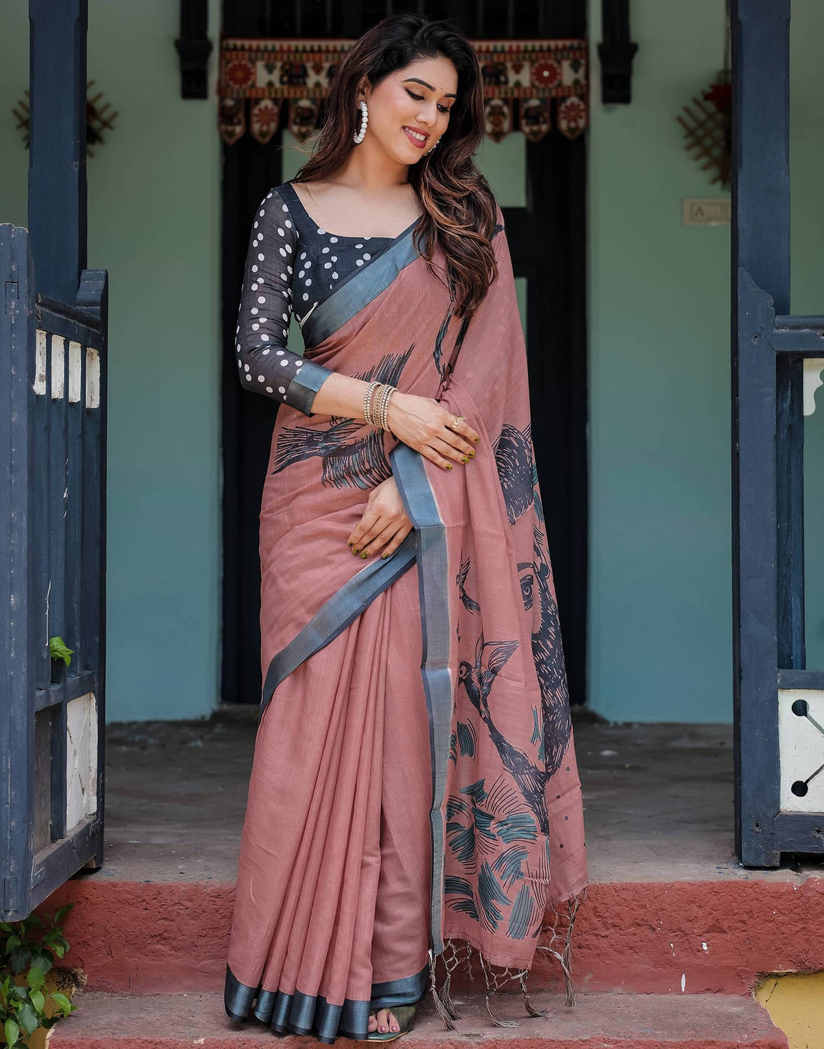 Chestnut Brown Linen Printed Saree