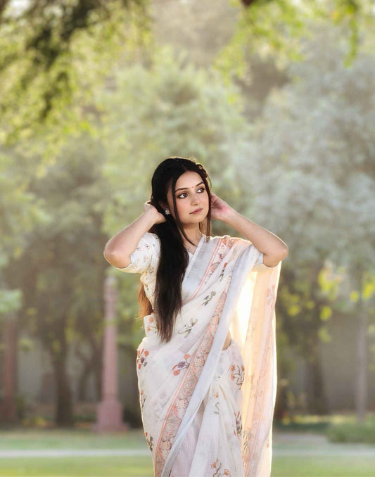 Cream Linen Printed Saree