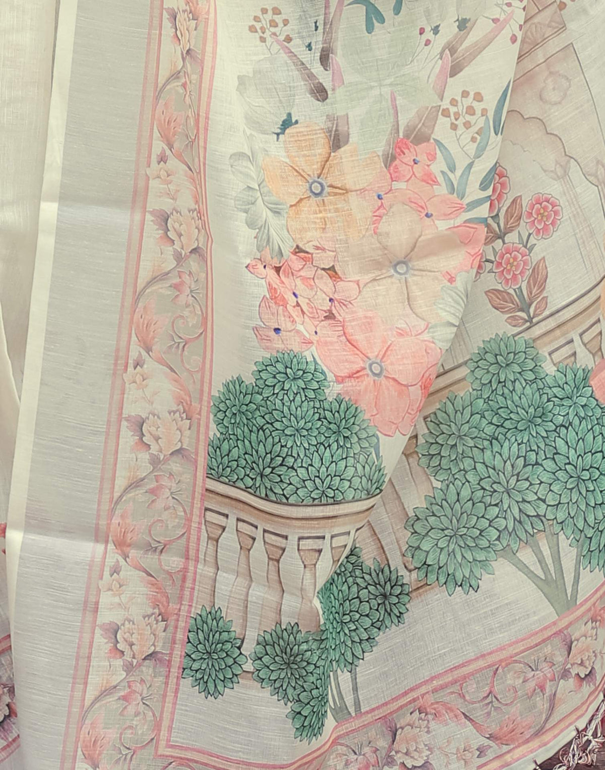 Cream Linen Printed Saree