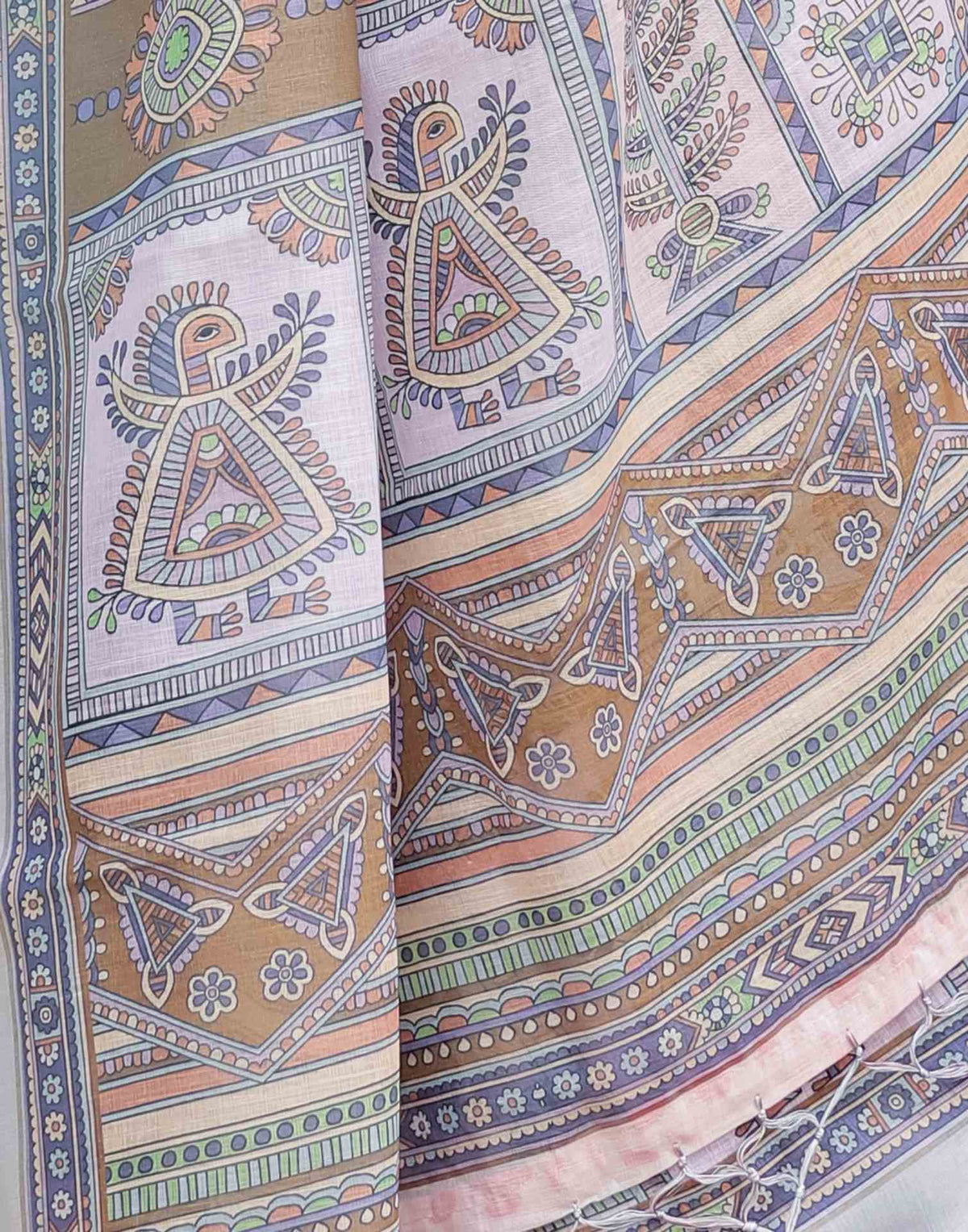 Cream Linen Printed Saree