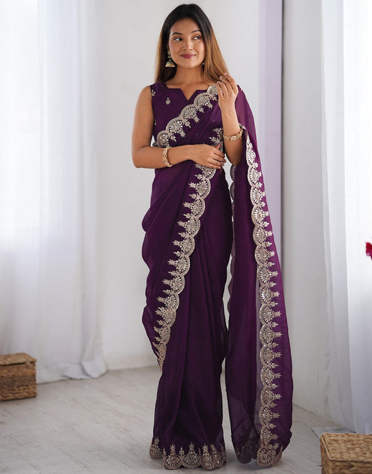 Wine Shimmer Chiffon Sequence Embroidery Saree