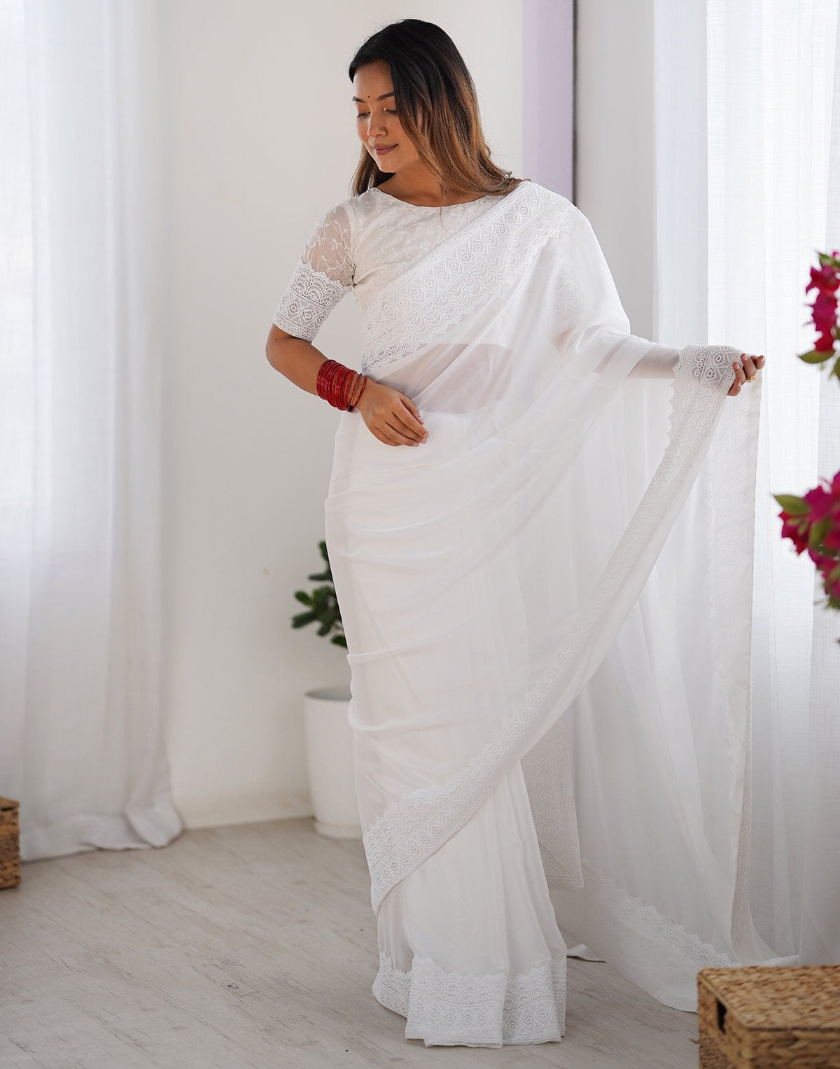 White Georgette Lace Saree
