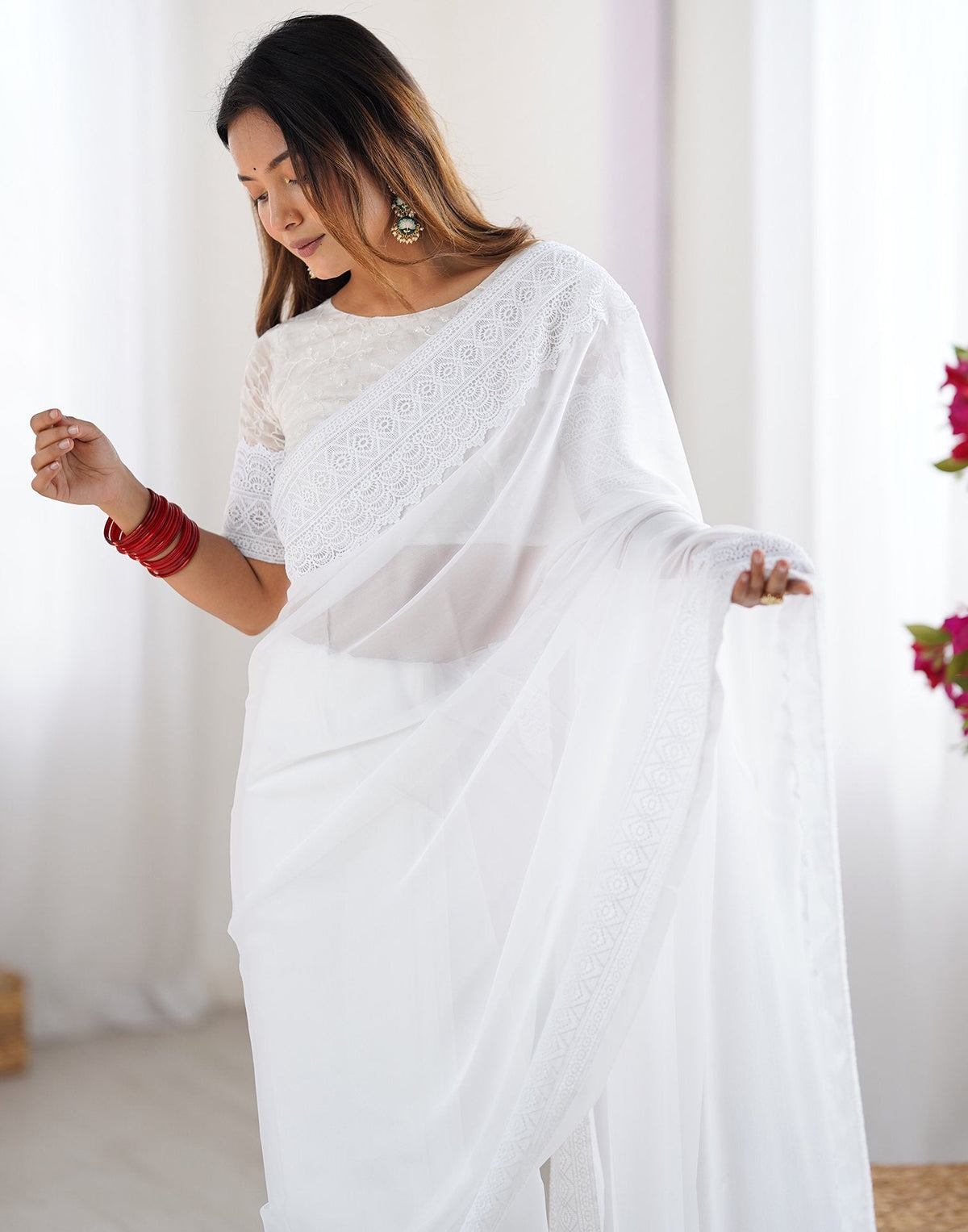 White Georgette Lace Saree