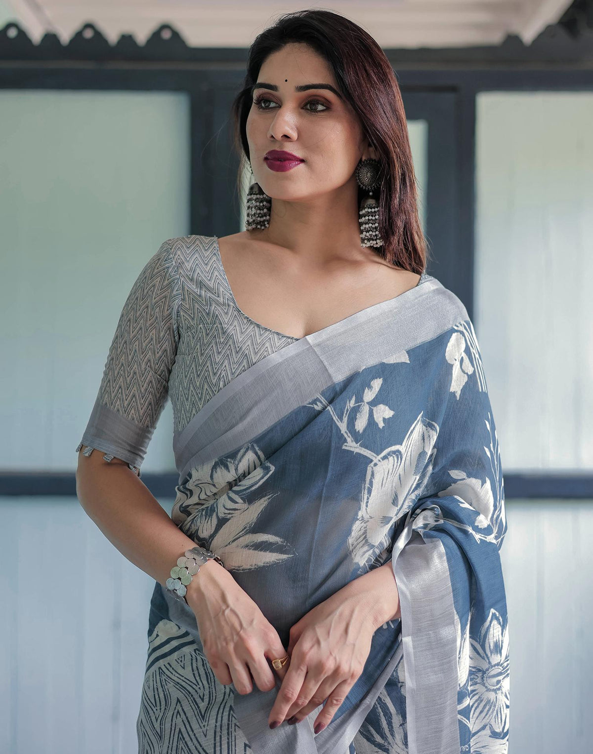 Dark Dusty Blue Linen Printed Saree