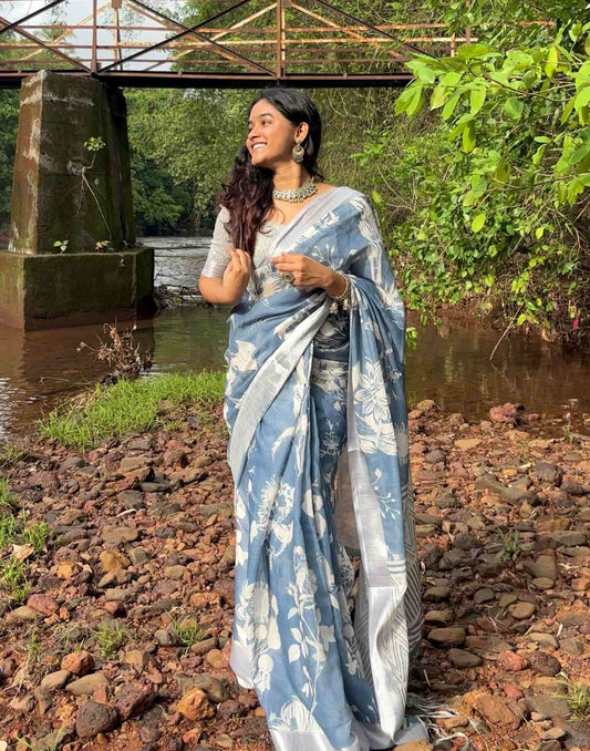 Dark Dusty Blue Linen Printed Saree