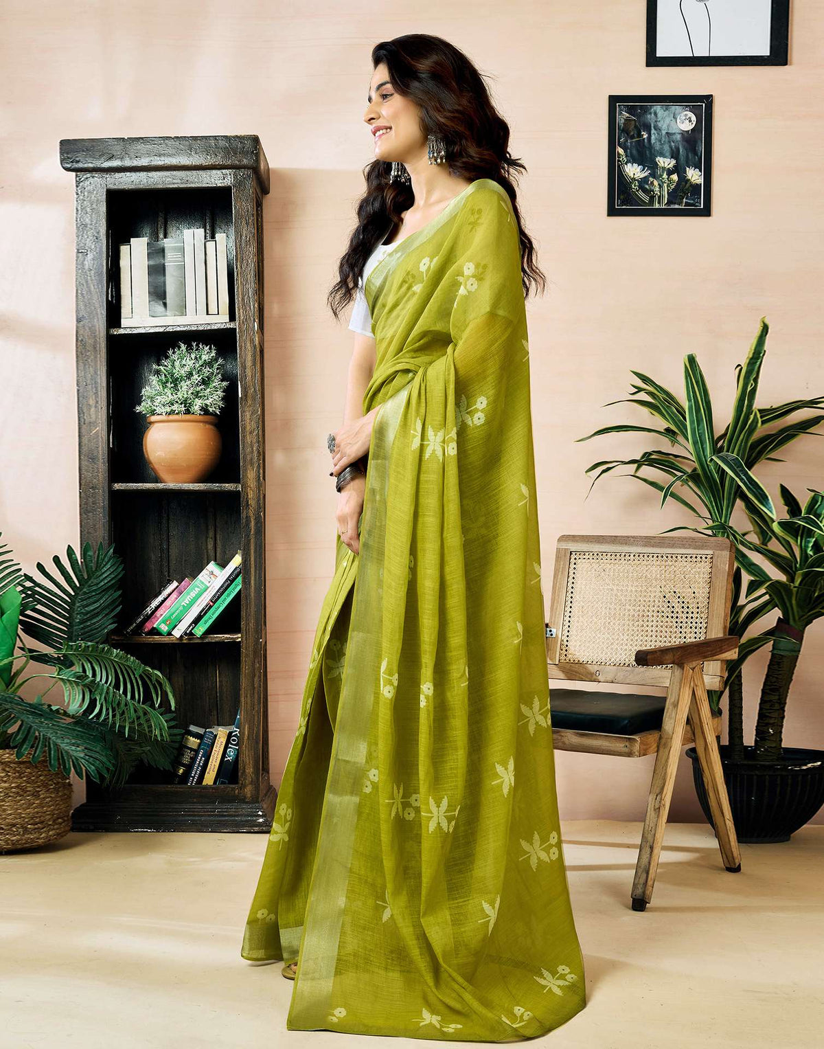 Ready to Wear Olive Green Linen Zari Printed Saree